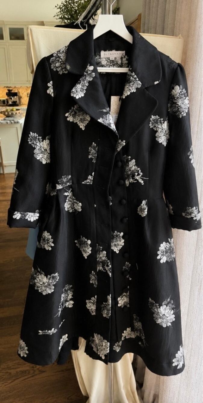 SUZANNAH London Princess Coat Black Ivory Floral Silk Blend NWT UK 14 US 10